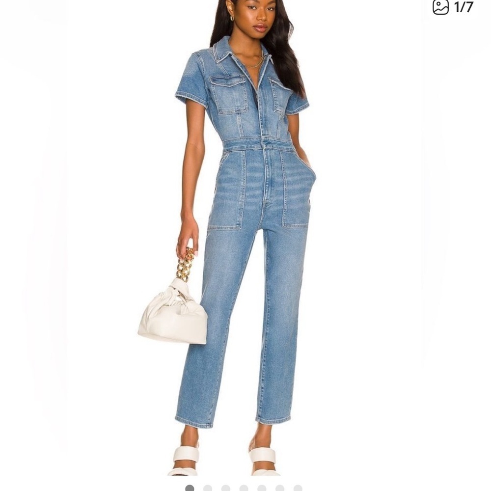 Good American Light Blue Straight-Leg Denim Jumpsuit